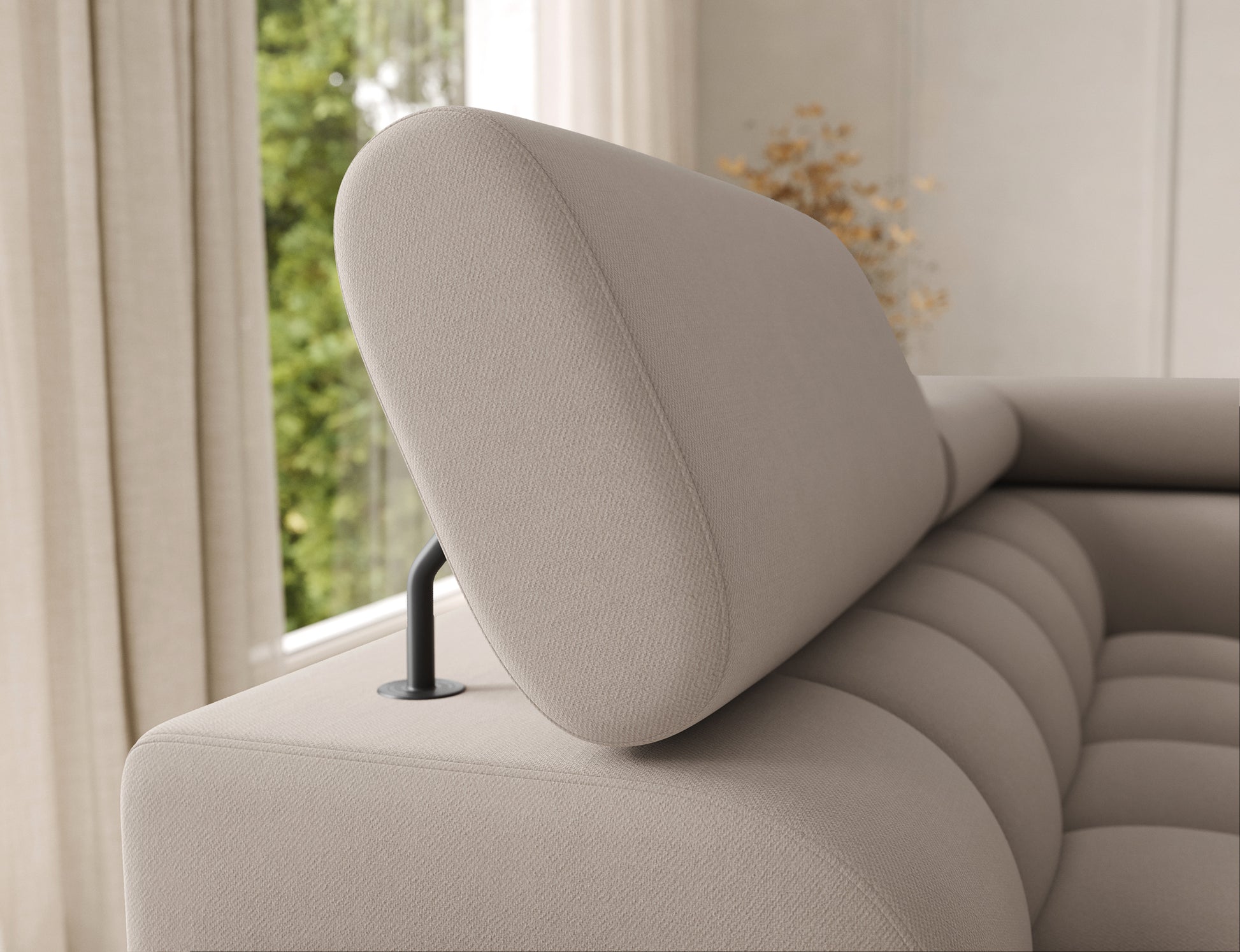 Regulowany zagłówek narożnika Feraria lewy Sola 18 beżowy – komfort wypoczynku i elegancki detal pasujący do nowoczesnego salonu