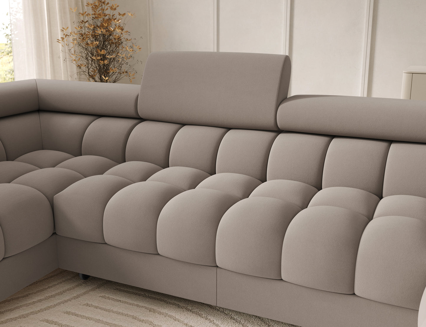 Stylowe pikowanie siedziska narożnika Feraria lewy Sola 18 beżowy – wyjątkowa wygoda i elegancja w nowoczesnym salonie