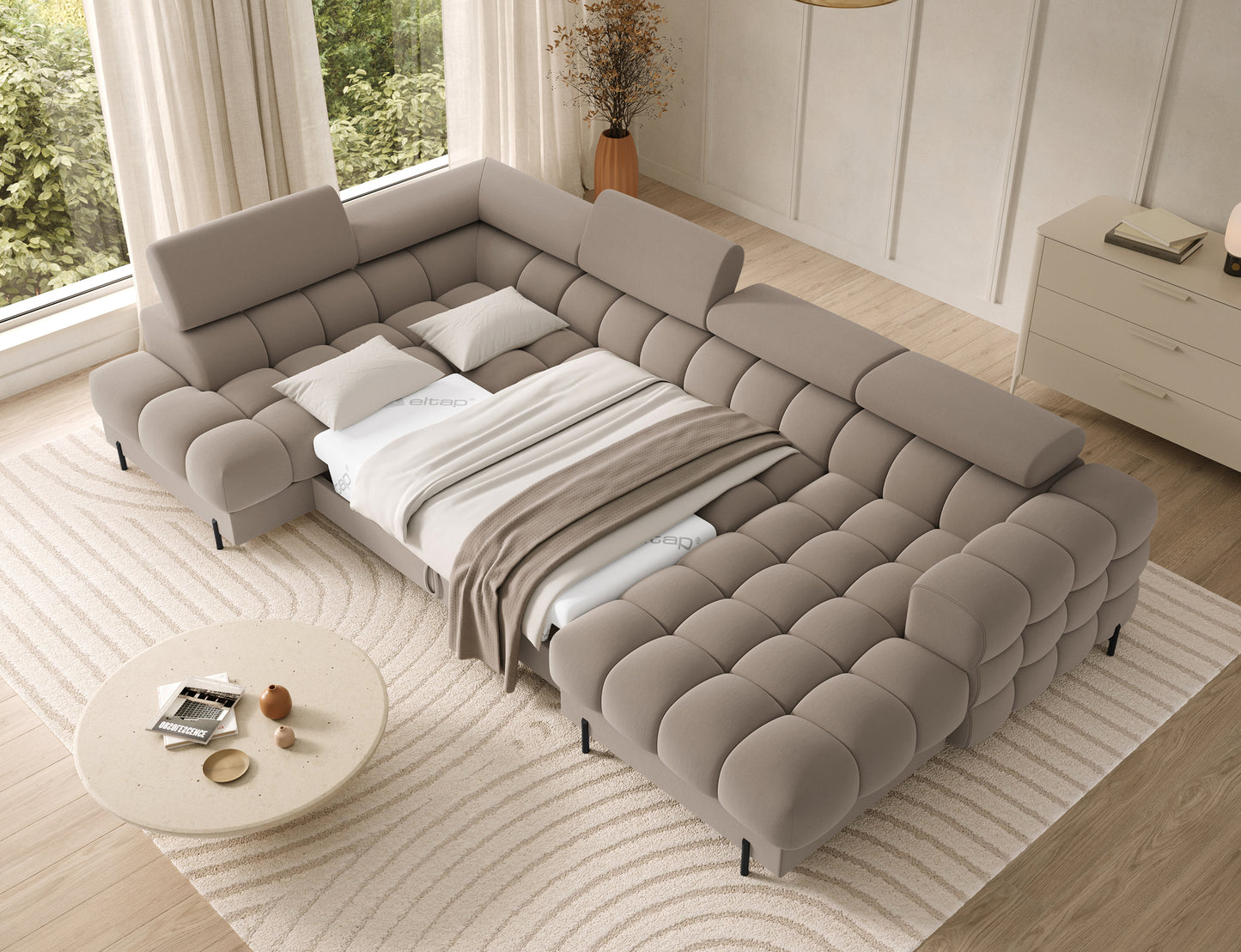 Narożnik Feraria lewy Sola 18 beżowy z funkcją spania – komfortowe miejsce wypoczynku z praktycznym systemem rozkładania