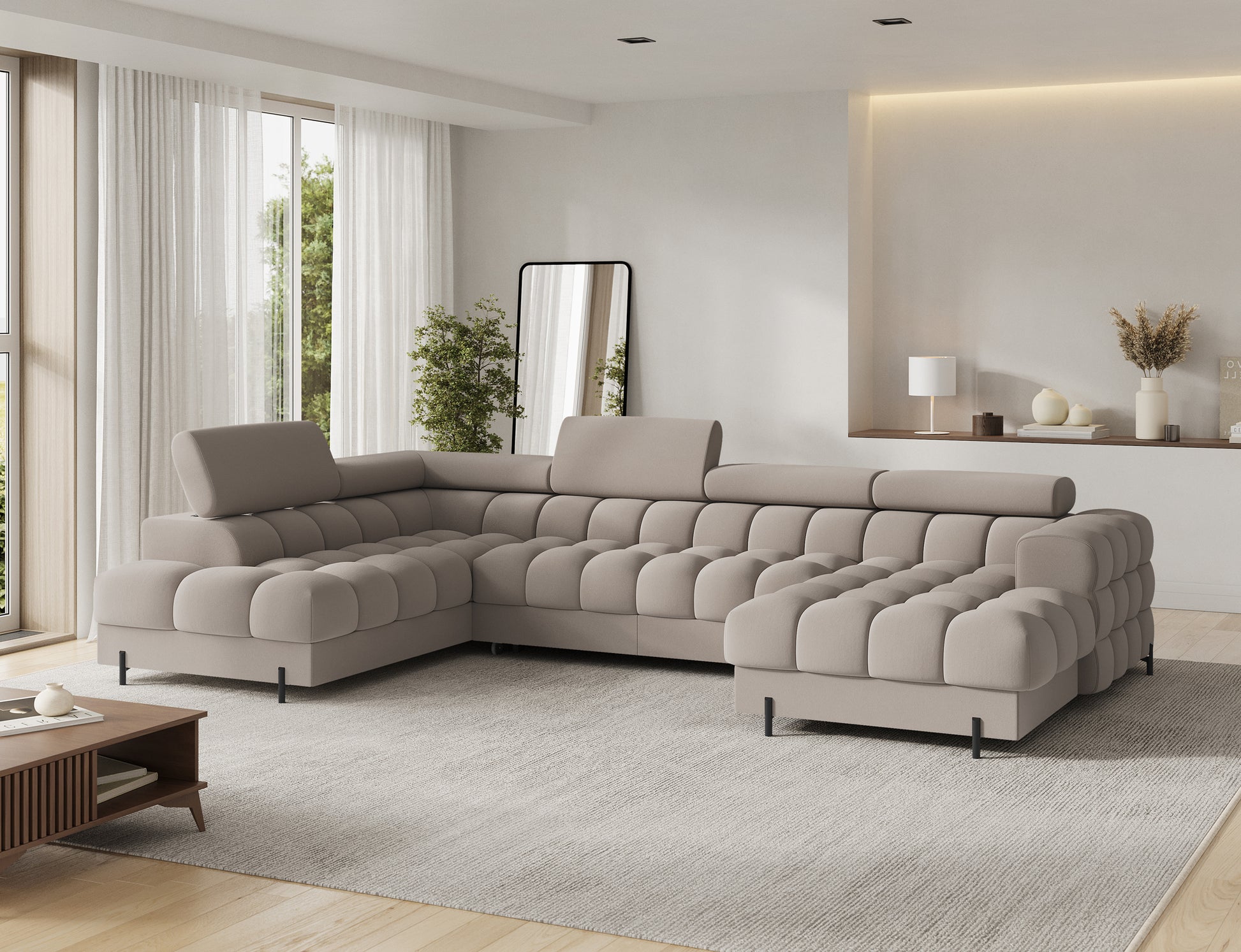 Nowoczesny narożnik Feraria lewy beżowy Sola 18 w aranżacji salonu – połączenie elegancji, komfortu i wyjątkowej funkcjonalności