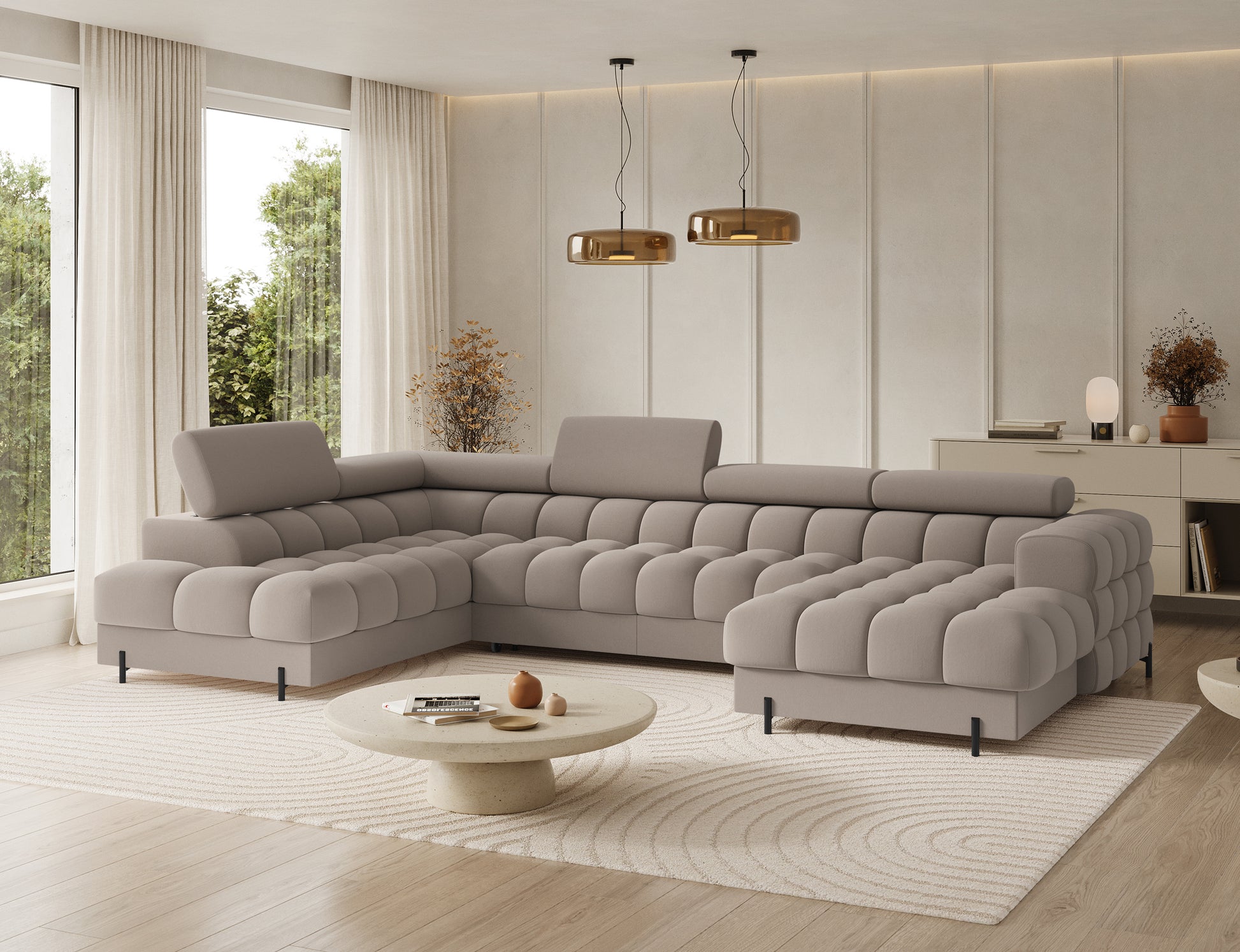 Nowoczesny narożnik Feraria lewy Sola 18 beżowy – komfortowy mebel z funkcją spania i pojemnikiem na pościel.