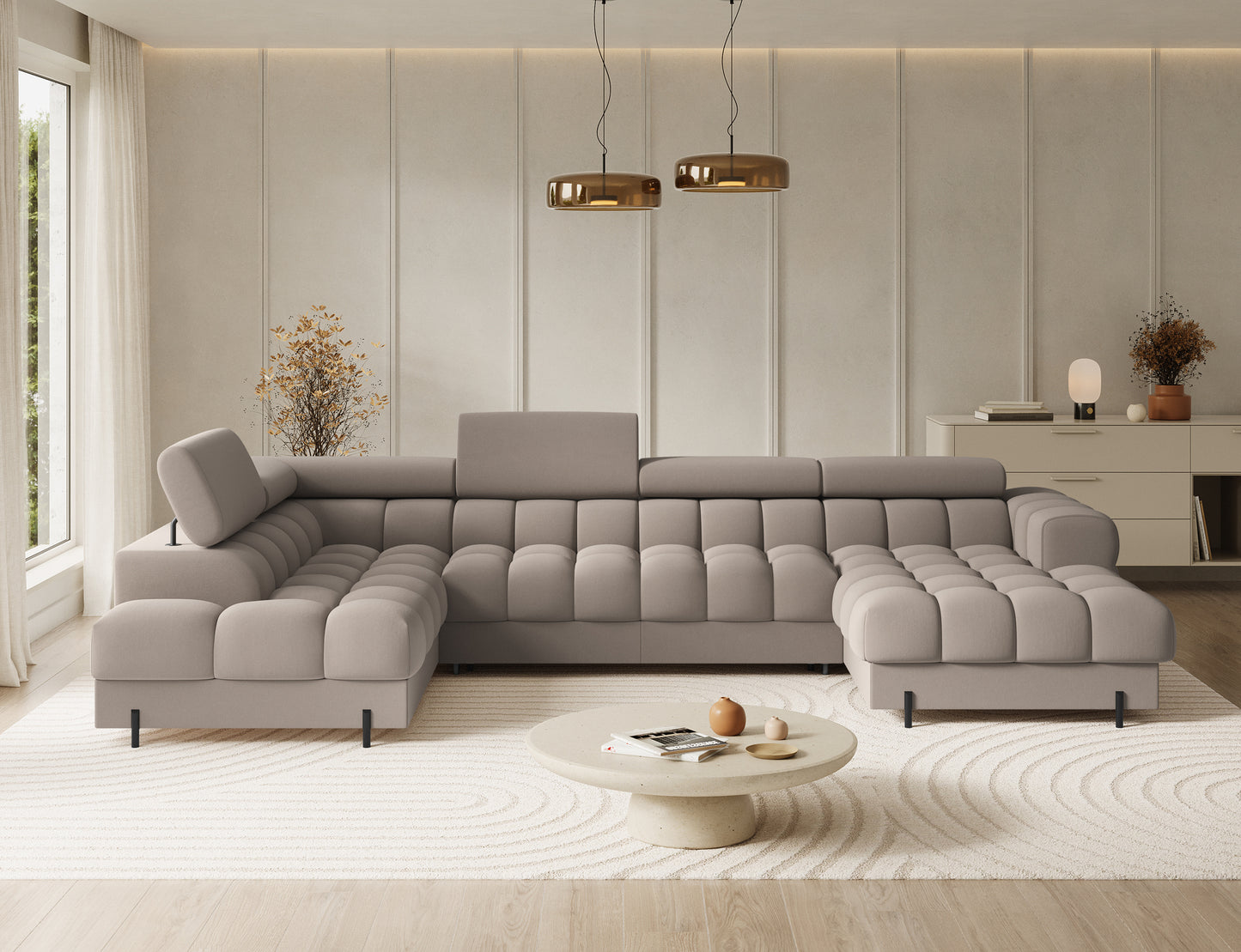 Narożnik Feraria lewy Sola 18 beżowy – funkcjonalna sofa z pojemnikiem i funkcją spania w stylu nowoczesnym.