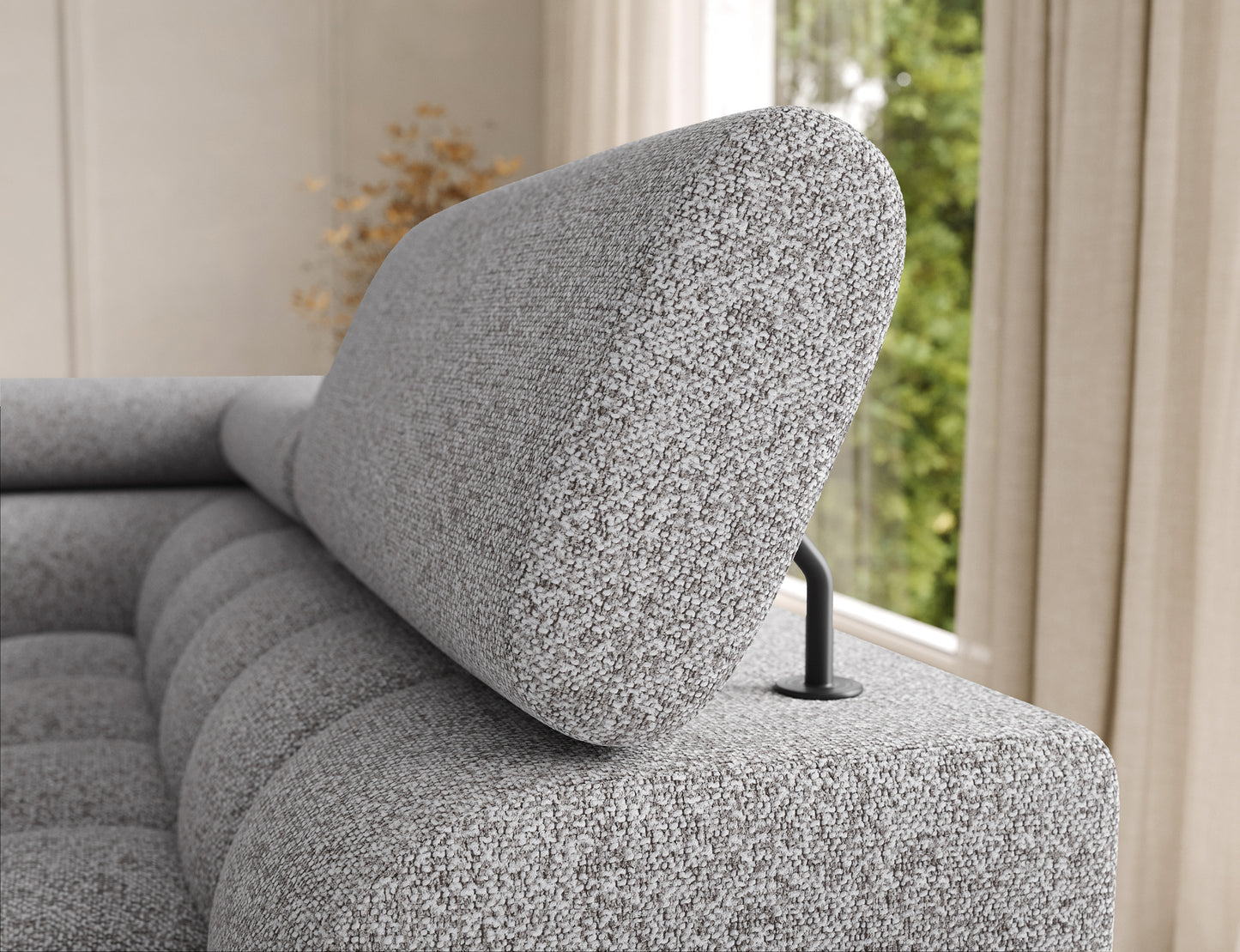 Zagłówek narożnika Feraria prawy w tkaninie Pellerito 03 jasnoszary – regulowany element zapewniający wygodę i nowoczesny charakter mebla.