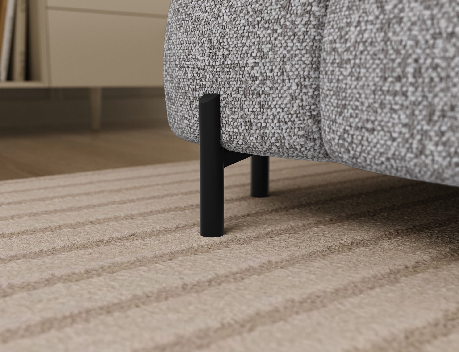 Metalowa noga narożnika Feraria prawy w tkaninie Pellerito 03 jasnoszary – stabilna podstawa w minimalistycznym stylu.