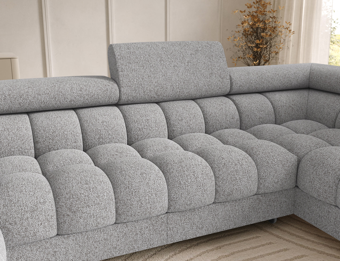 Oparcie narożnika Feraria prawy w tkaninie Pellerito 03 jasnoszary – wyprofilowane siedzisko z pikowaniami gwarantującymi komfort.