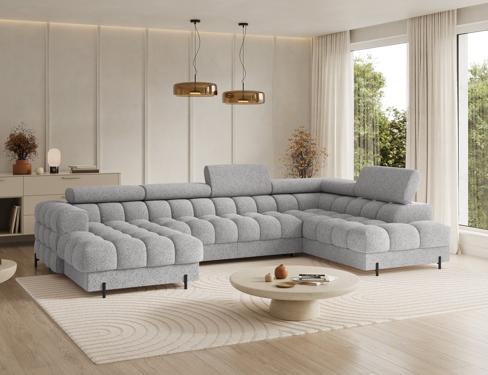 Stylowy narożnik Feraria prawy w tkaninie Pellerito 03 jasnoszary – miękkie, przestronne siedzisko i elegancki charakter do salonu.
