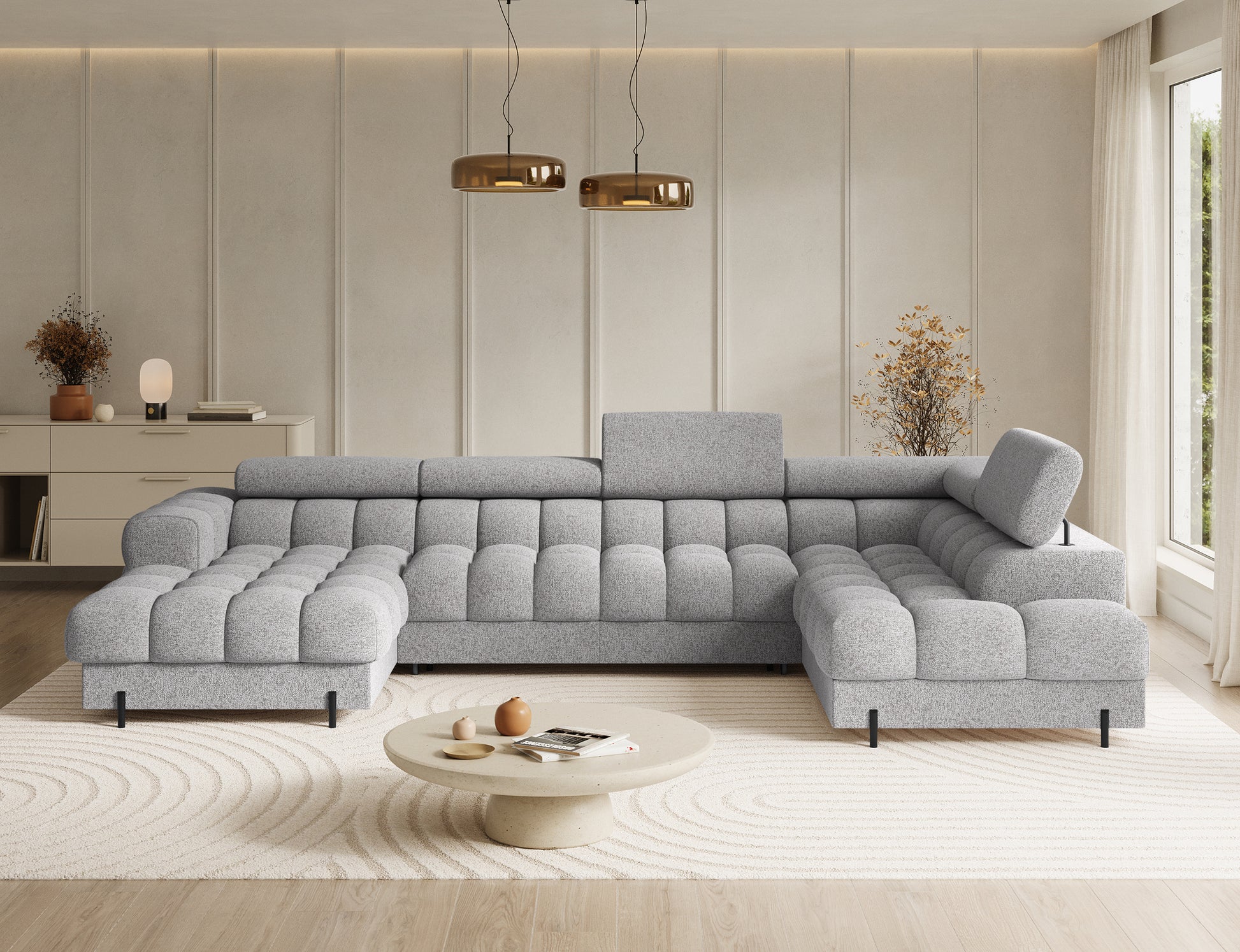 Narożnik Feraria prawy w tkaninie Pellerito 03 jasnoszary – frontowy widok na komfortowe siedziska z głębokim pikowaniem i metalowymi nogami.