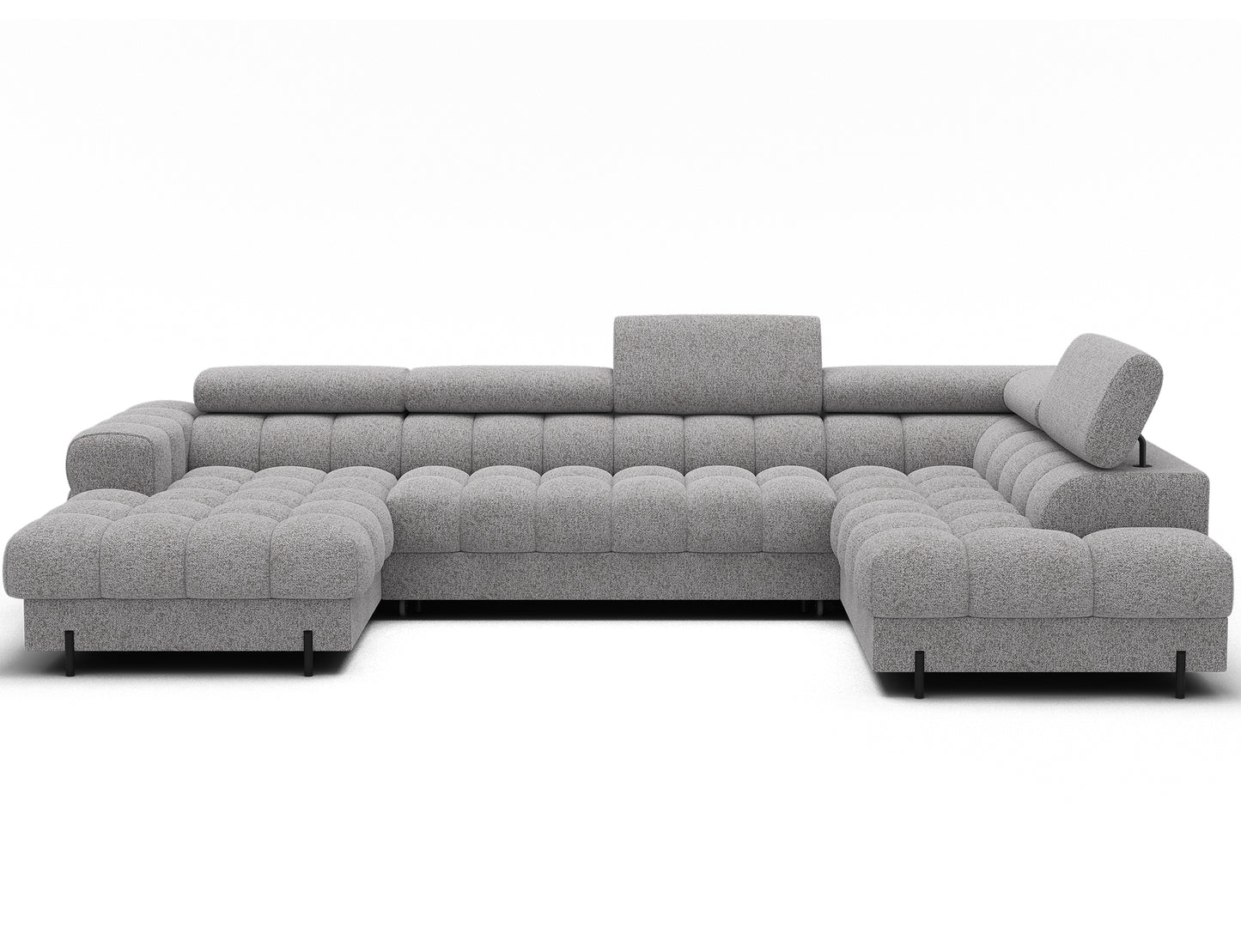 Narożnik Feraria prawy w tkaninie Pellerito 03 jasnoszary – widok od frontu, podkreślona przestronność i funkcjonalność mebla.