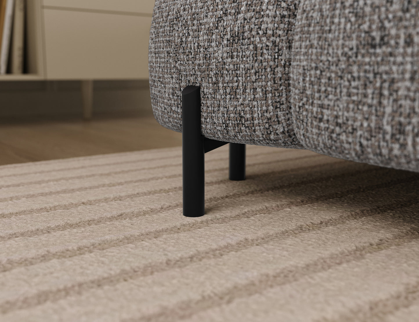 Metalowa noga narożnika Feraria prawy w tkaninie Pellerito 20 ciemnobeżowy – stabilne oparcie w minimalistycznej formie.