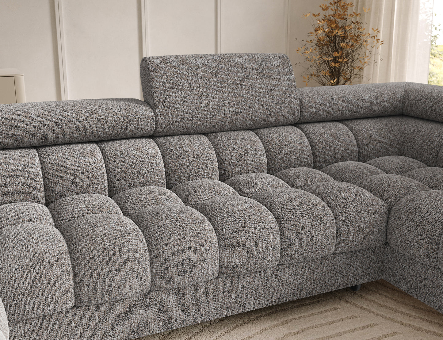 Oparcie narożnika Feraria prawy w tkaninie Pellerito 20 ciemnobeżowy – głębokie pikowania zapewniające wygodę i styl.