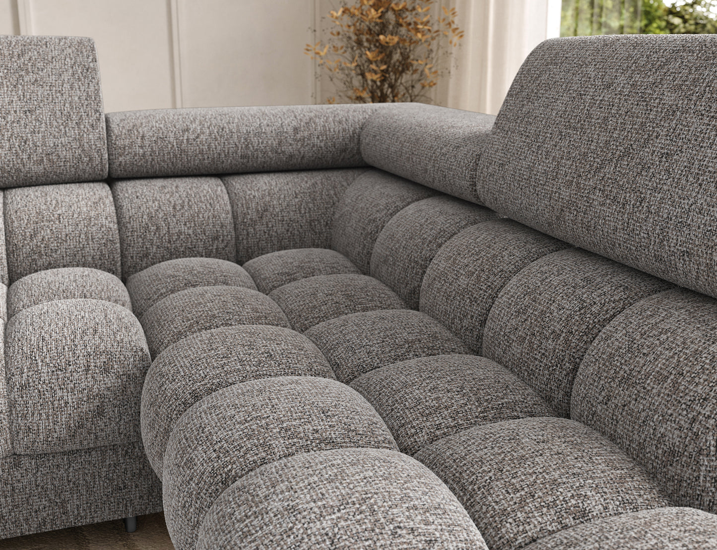 Siedzisko narożnika Feraria prawy w tkaninie Pellerito 20 ciemnobeżowy – miękkie, tapicerowane powierzchnie o luksusowym charakterze.