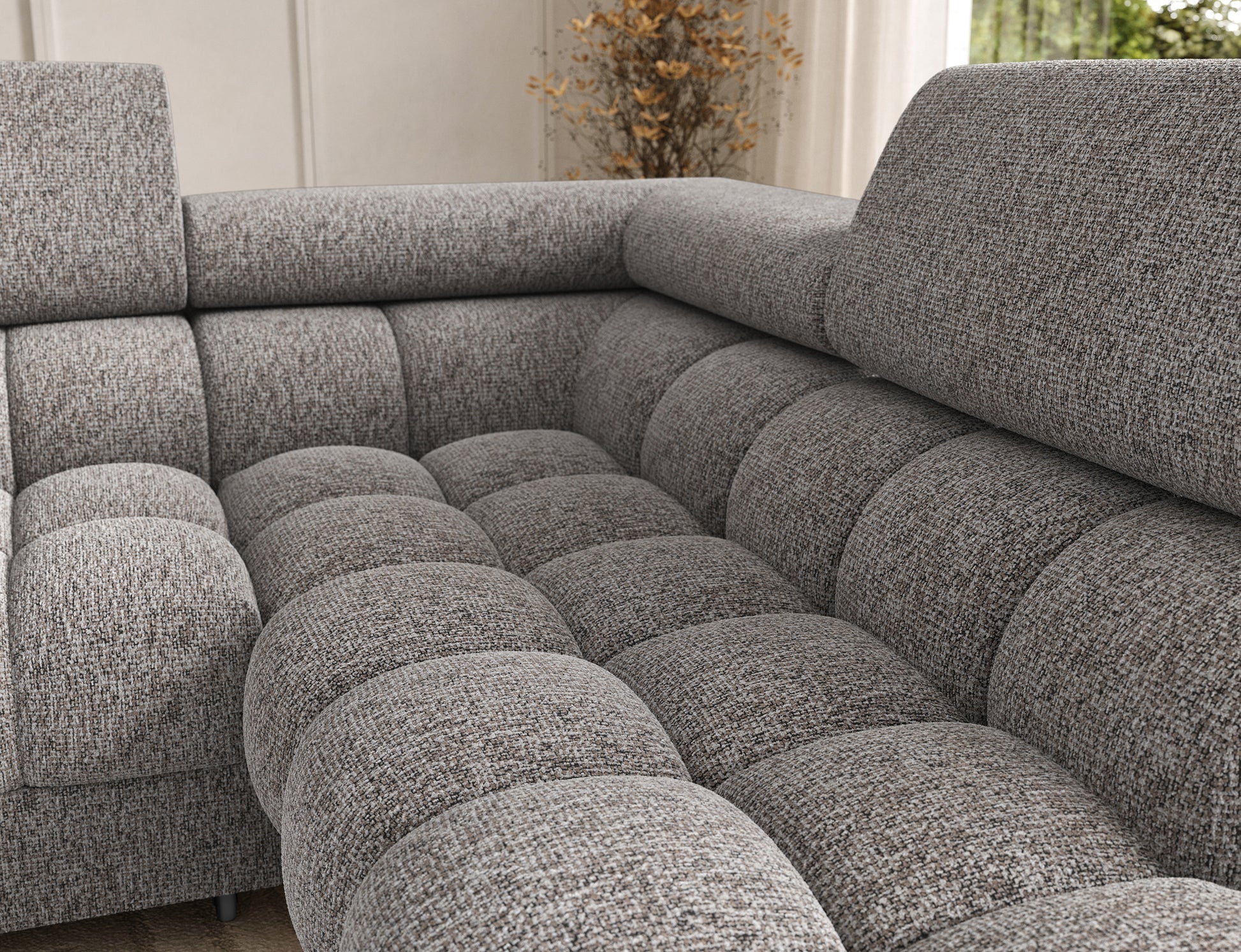 Siedzisko narożnika Feraria prawy w tkaninie Pellerito 20 ciemnobeżowy – miękkie, tapicerowane powierzchnie o luksusowym charakterze.