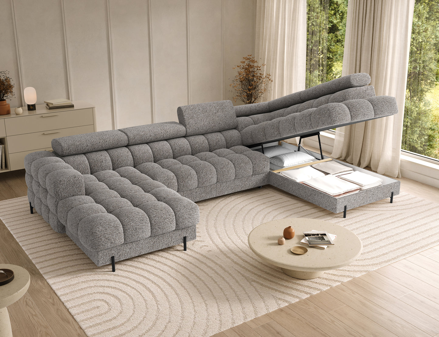 Narożnik Feraria U-Form prawy w tkaninie Pellerito 20 ciemnobeżowy z otwartym pojemnikiem – praktyczne miejsce na przechowywanie.