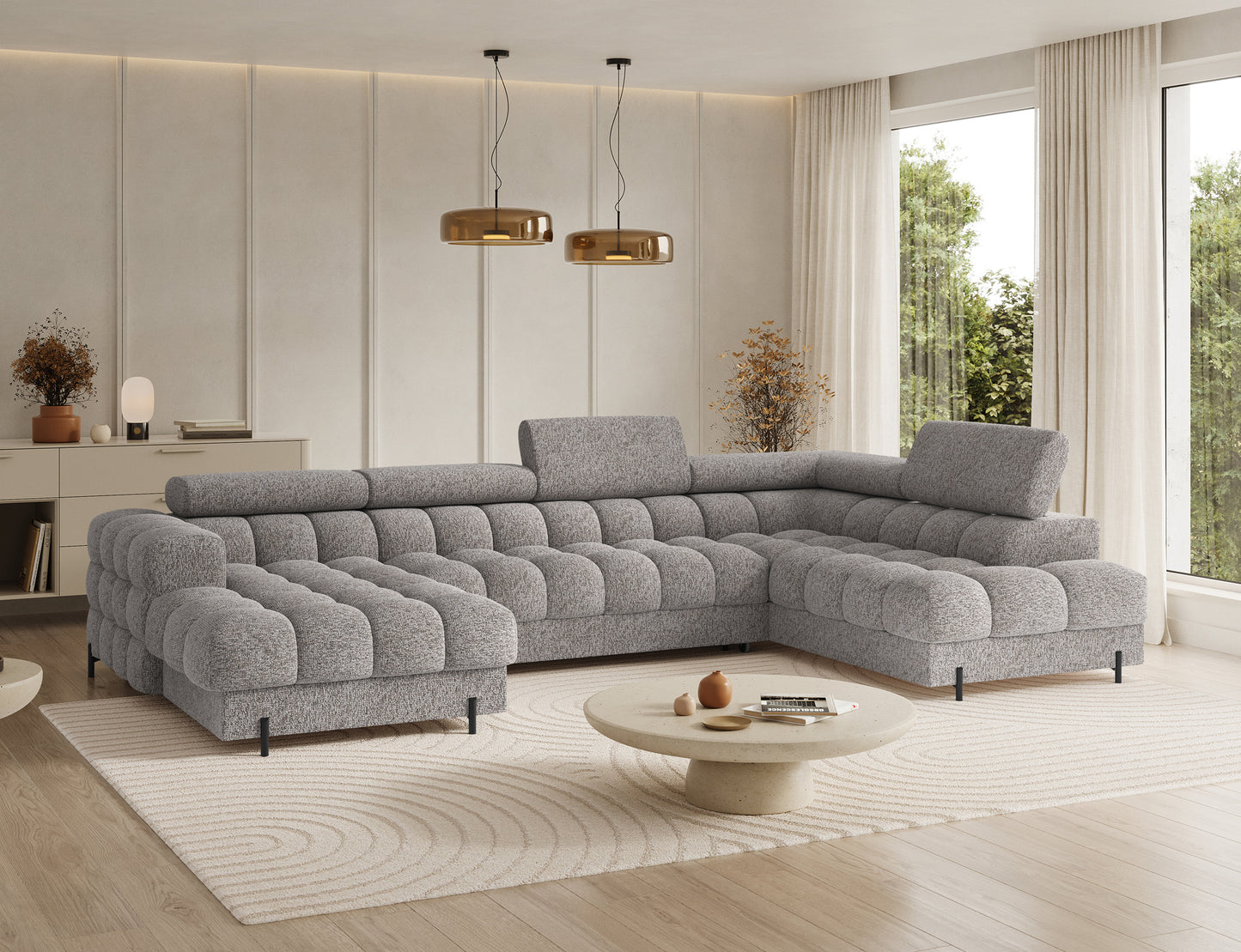 Narożnik Feraria Pellerito 20 ciemnobeżowy, ustawienie prawe – miękkie pikowania i minimalistyczne nogi podkreślają nowoczesny styl.