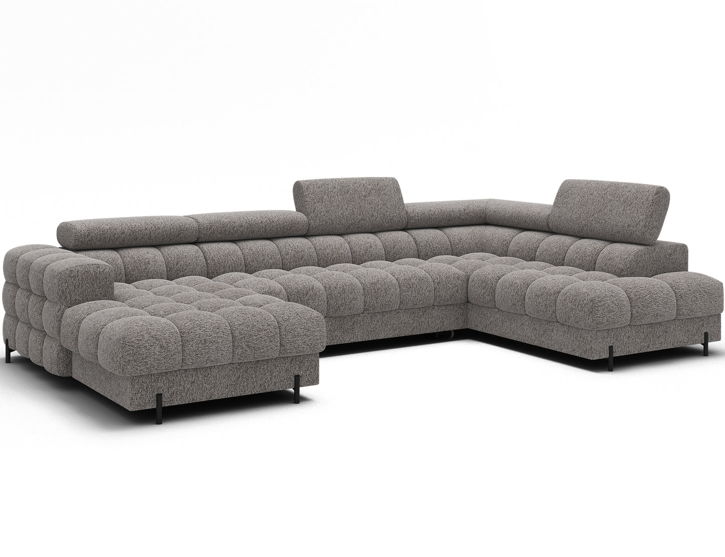 Narożnik Feraria prawy w tkaninie Pellerito 20 ciemnobeżowy – elegancka bryła z pikowanym siedziskiem i regulowanymi zagłówkami.