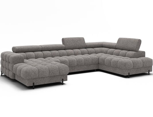 Narożnik Feraria prawy w tkaninie Pellerito 20 ciemnobeżowy – elegancka bryła z pikowanym siedziskiem i regulowanymi zagłówkami.