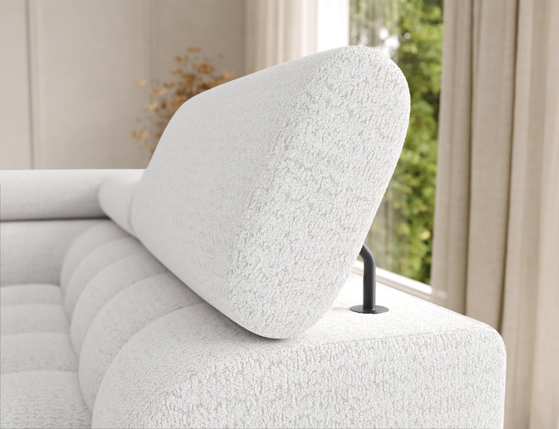 Narożnik Feraria biały Royal 01 – regulowany zagłówek zapewniający komfort i dopasowanie do indywidualnych potrzeb.