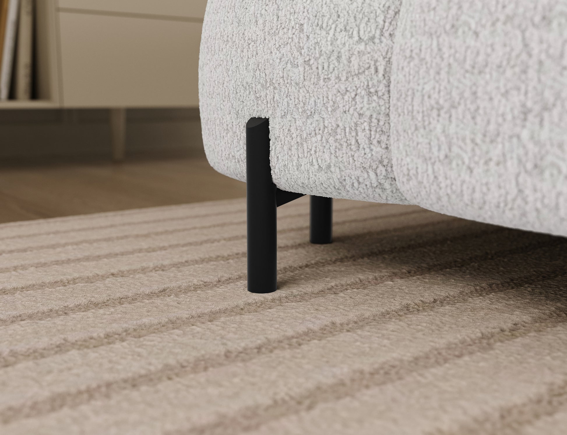 Narożnik Feraria Royal 01 biały – nowoczesne czarne metalowe nogi gwarantujące stabilność i elegancki charakter mebla