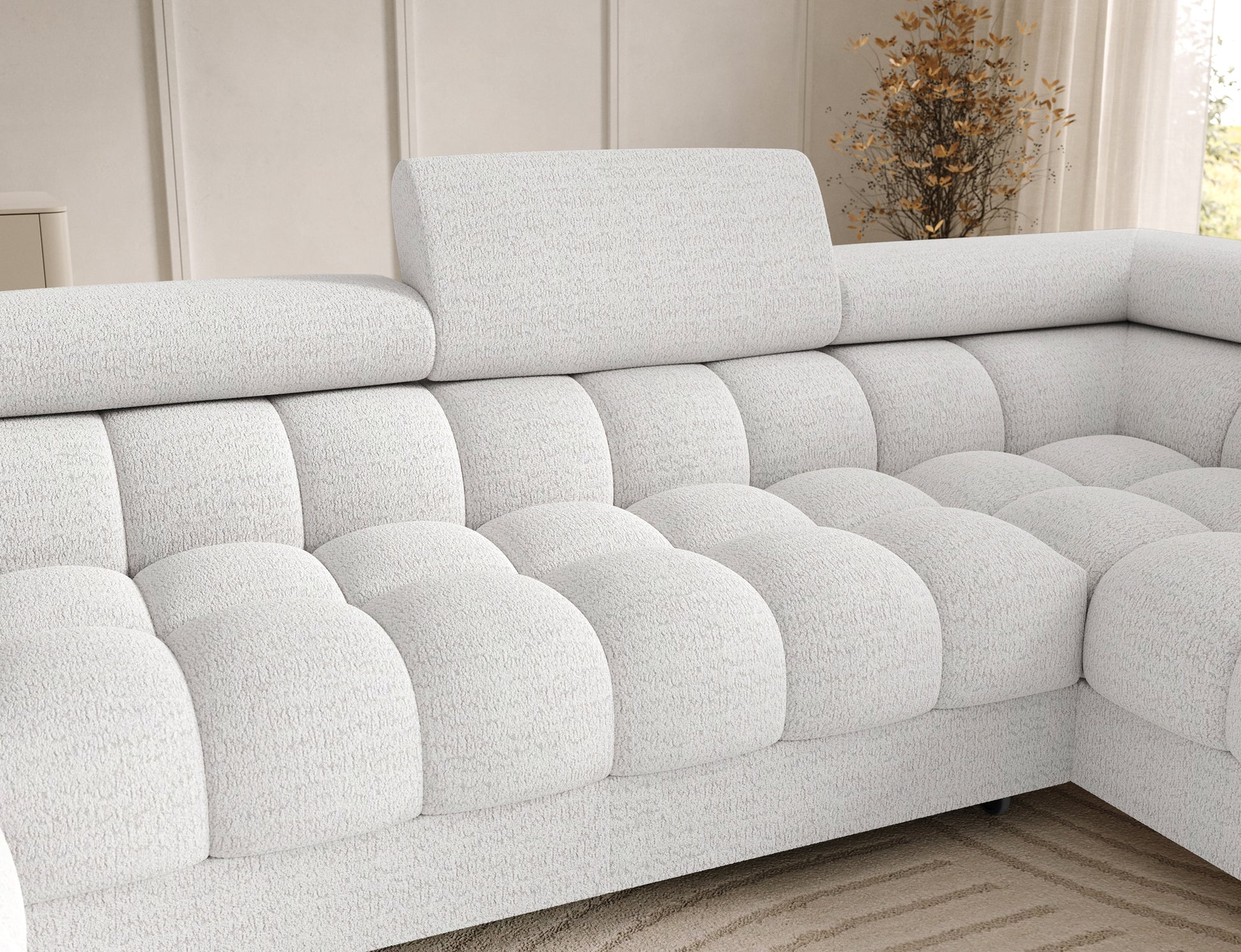 Biały narożnik Feraria Royal 01 – komfortowe oparcie z miękką tapicerką, zapewniające wygodę podczas codziennego wypoczynku.