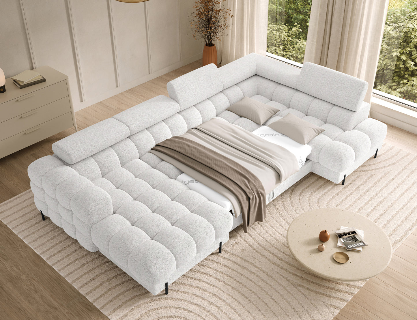 Narożnik Feraria lewy Royal 01 biały – rozłożona funkcja spania z przestronną powierzchnią i eleganckim wykończeniem