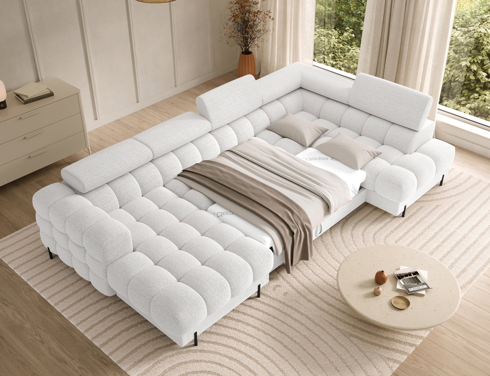 Narożnik Feraria lewy Royal 01 biały – rozłożona funkcja spania z przestronną powierzchnią i eleganckim wykończeniem