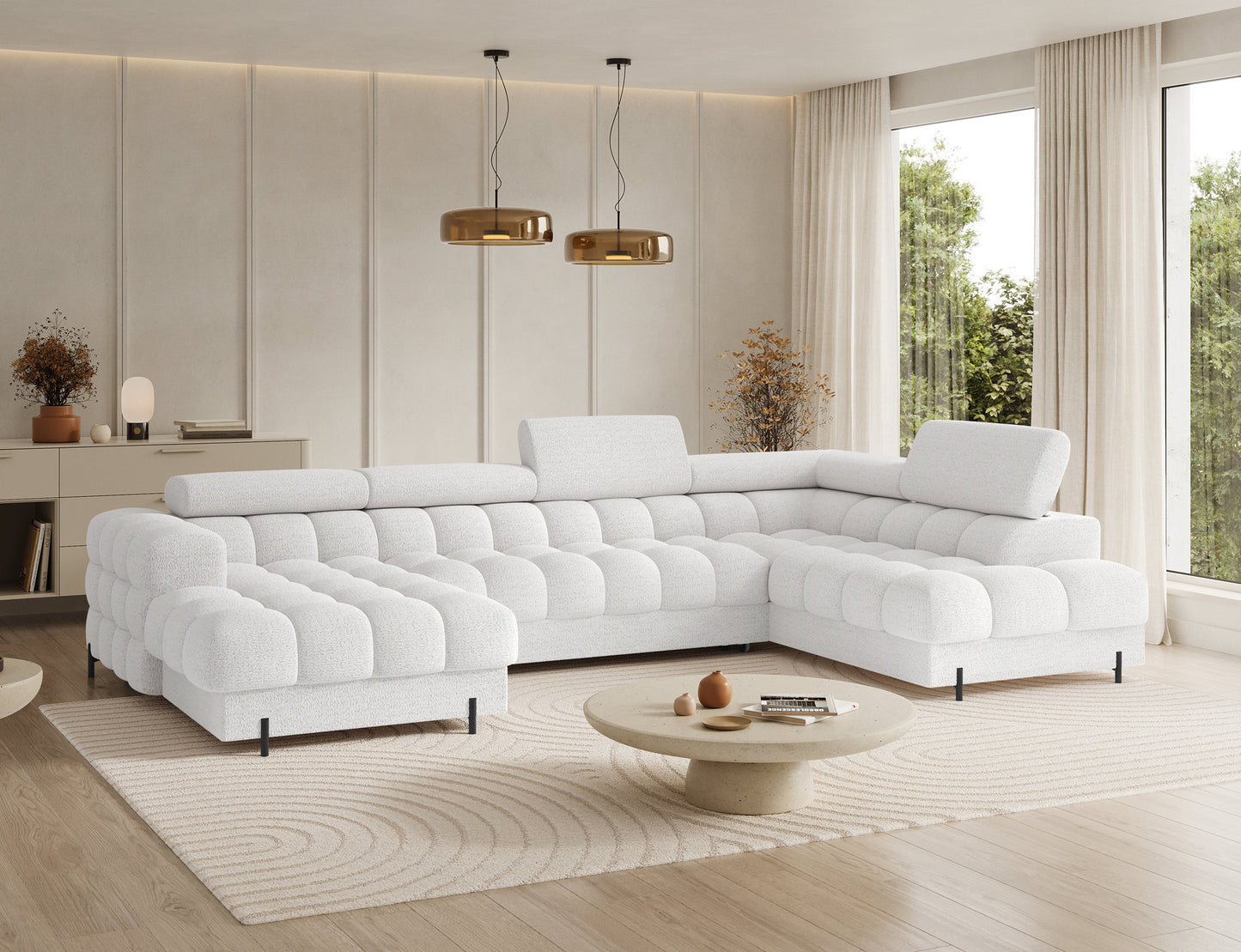 Narożnik Feraria lewy Royal 01 biały – widok pod kątem, elegancka sofa modułowa z miękką tapicerką i stylowym wykończeniem.