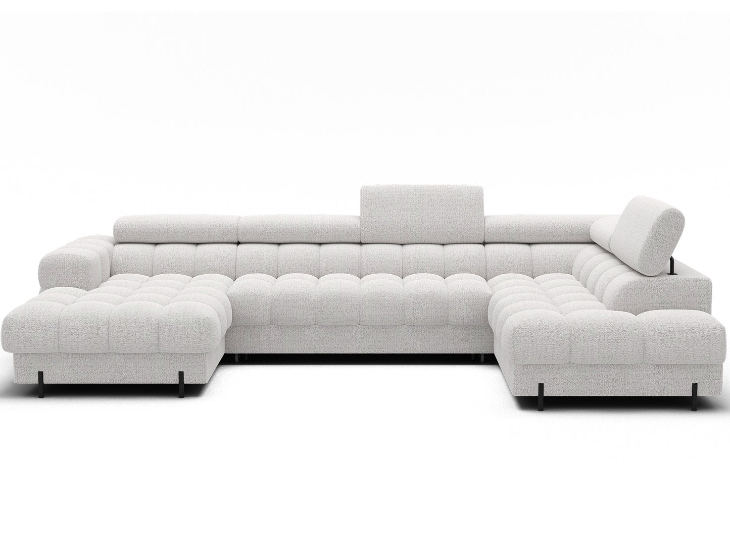 Nowoczesny narożnik Feraria lewy w tkaninie Royal 01 biały – komfortowy mebel w układzie U z metalowymi nogami i pikowaniami.