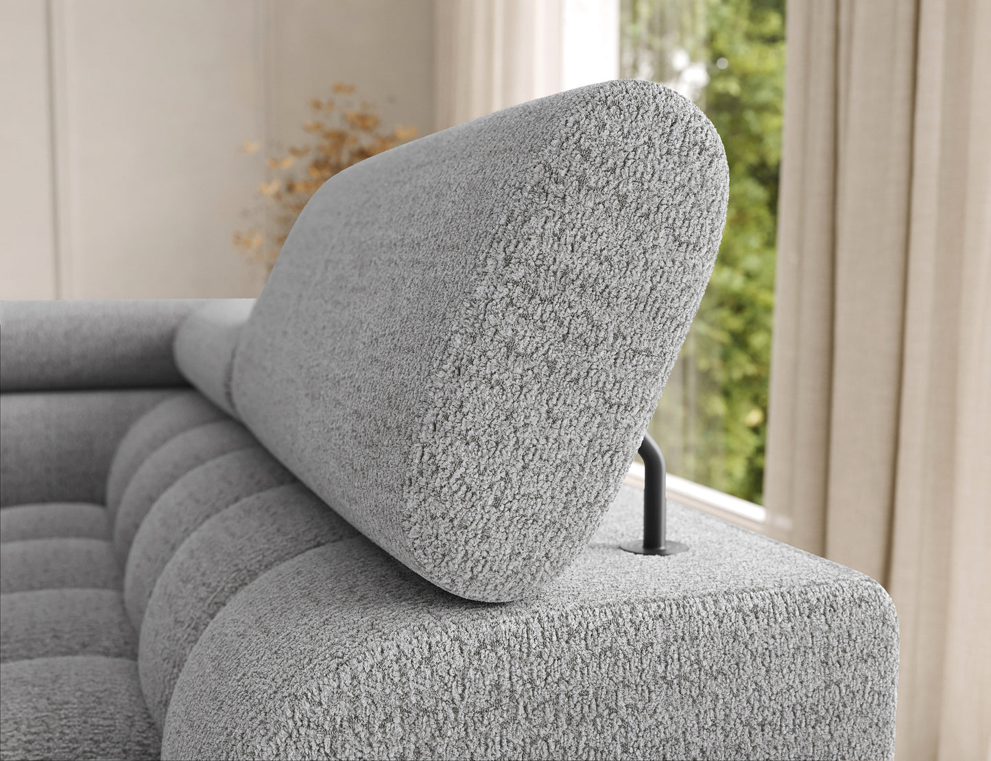 Zagłówek narożnika Feraria prawy w tkaninie Royal 03 jasnoszary – regulowany element dla maksymalnej wygody i nowoczesnego designu.