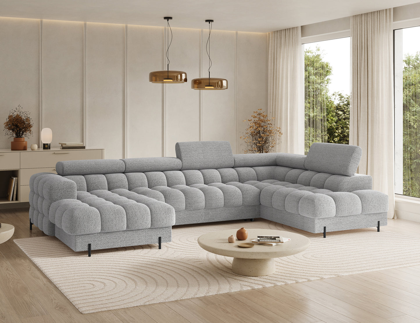 Narożnik Feraria lewy w tkaninie Royal 03 jasnoszary – tapicerowany mebel w kształcie U z regulowanymi zagłówkami i metalowymi nogami.