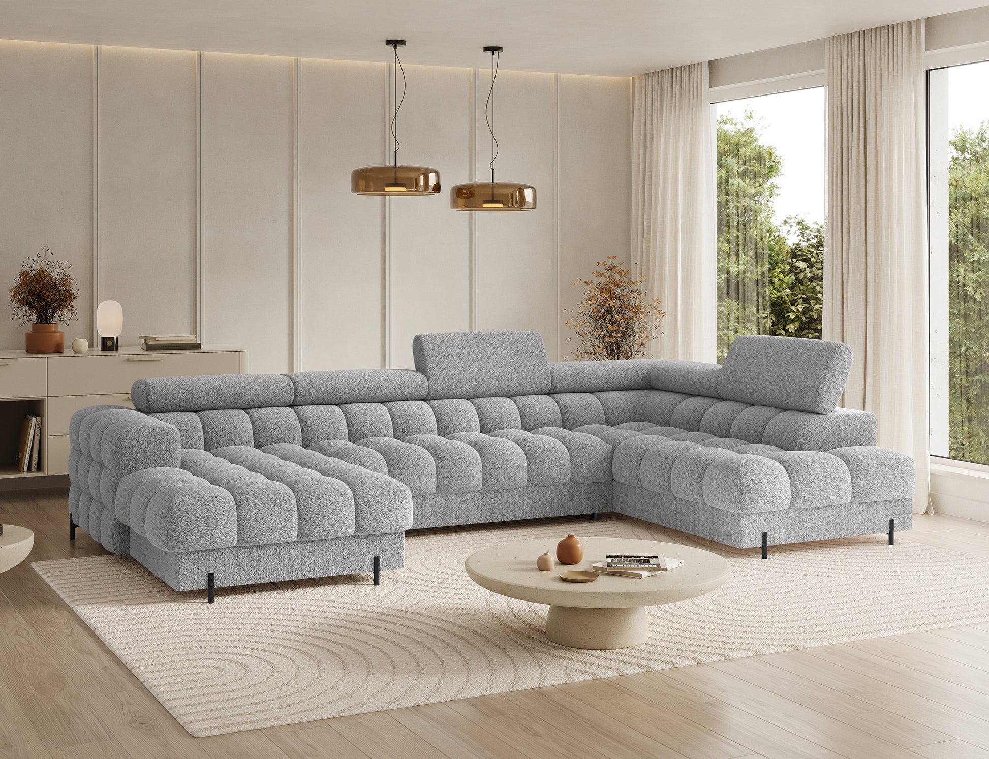 Narożnik Feraria lewy w tkaninie Royal 03 jasnoszary – tapicerowany mebel w kształcie U z regulowanymi zagłówkami i metalowymi nogami.