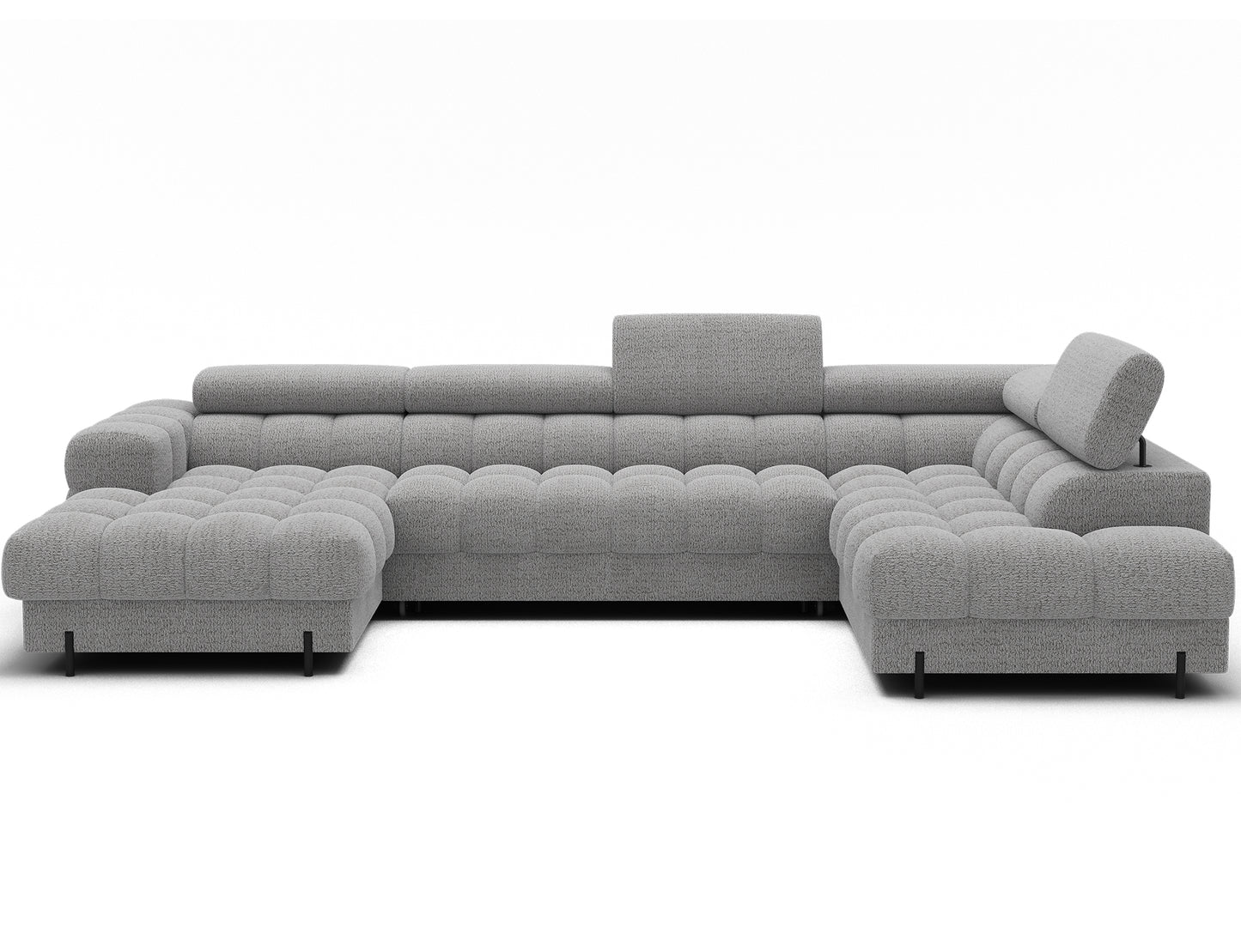 Narożnik Feraria prawy w tkaninie Royal 03 jasnoszary – frontowe ujęcie prezentujące masywne siedziska, miękkie pikowania i komfortowe oparcia.