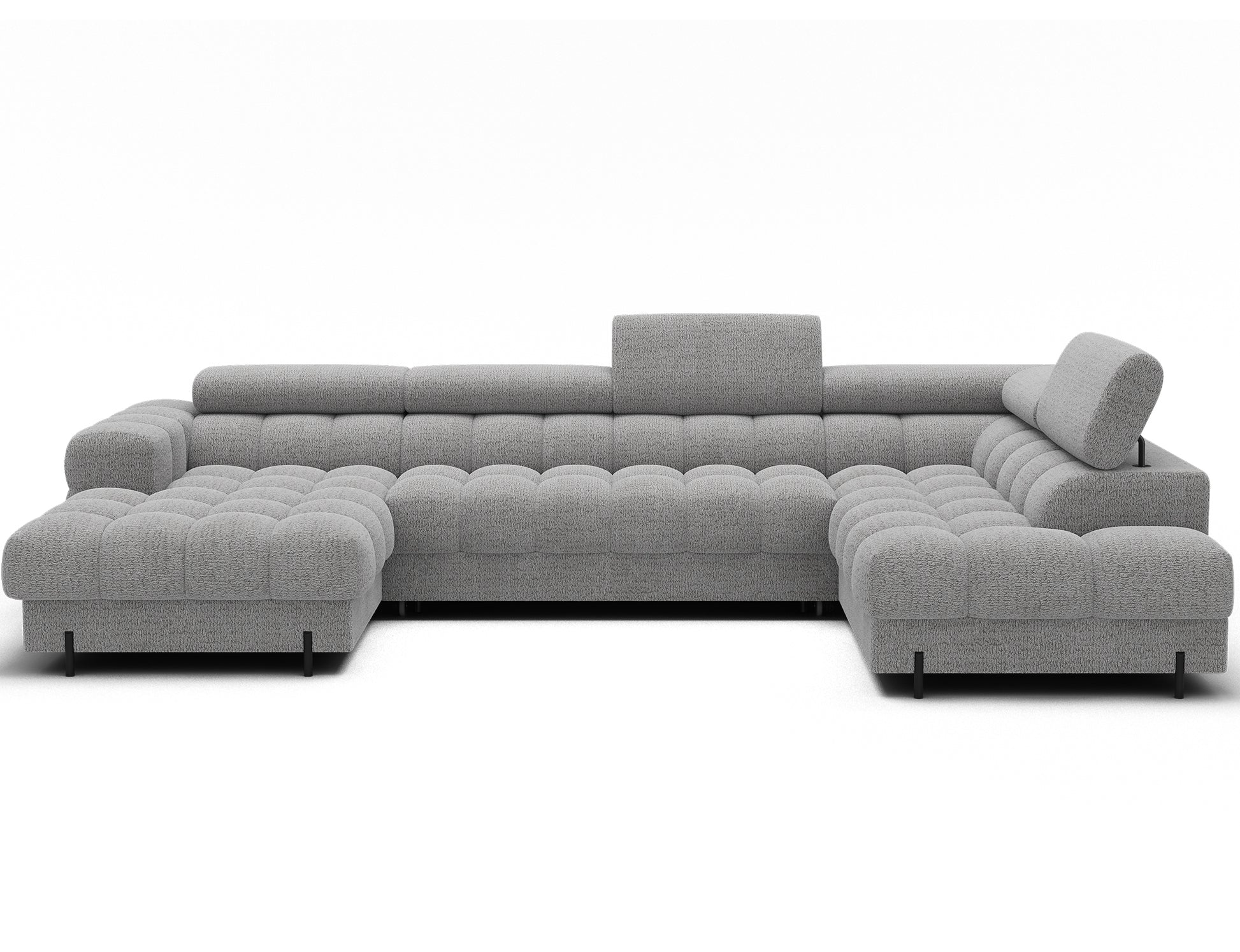 Narożnik Feraria prawy w tkaninie Royal 03 jasnoszary – frontowe ujęcie prezentujące masywne siedziska, miękkie pikowania i komfortowe oparcia.