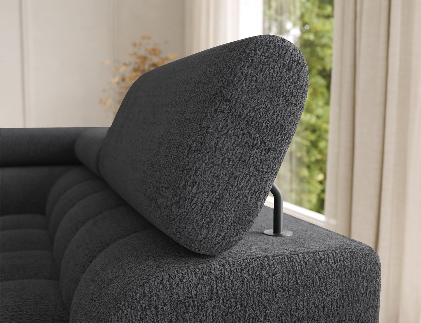 Zagłówek narożnika Feraria prawy w tkaninie Royal 05 ciemnoszary – regulowany element dla wygody i ergonomii codziennego wypoczynku.