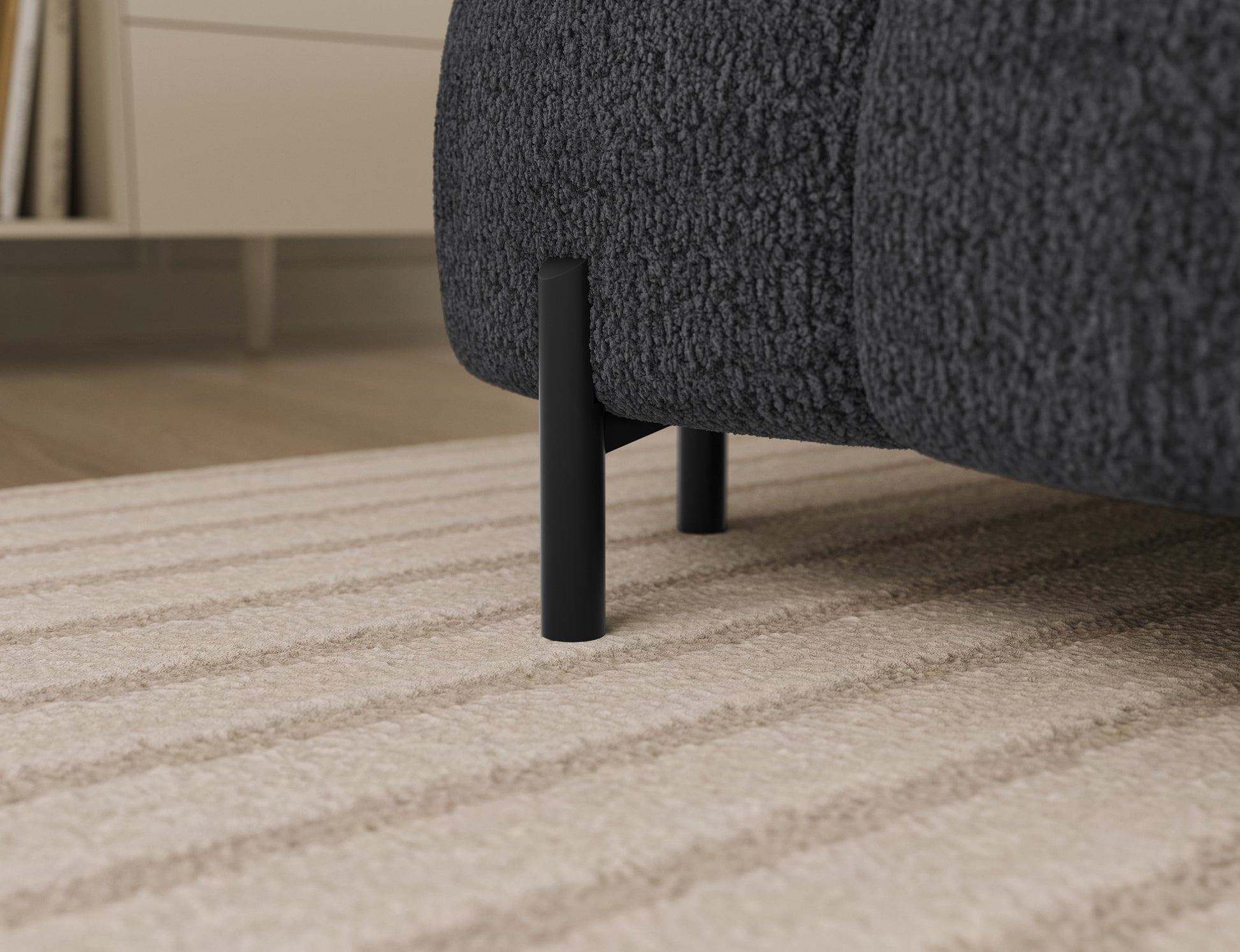 Metalowa noga narożnika Feraria prawy w tkaninie Royal 05 ciemnoszary – stabilna, minimalistyczna podstawa w nowoczesnym stylu.