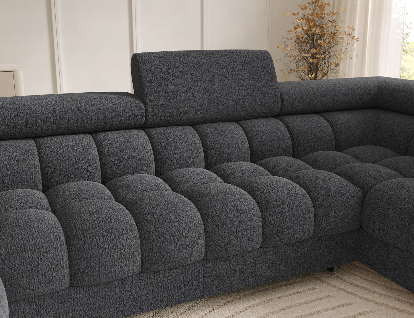 Oparcie narożnika Feraria prawy w tkaninie Royal 05 ciemnoszary – wyprofilowane siedzisko i miękkie pikowania dla pełnego komfortu.