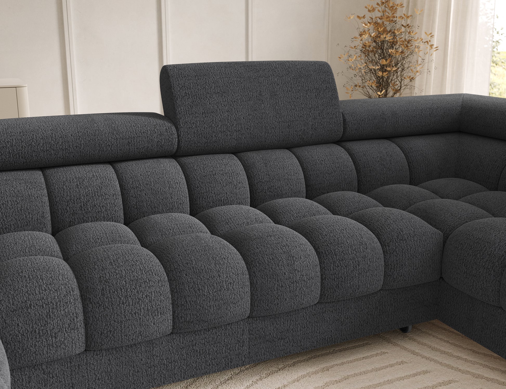 Oparcie narożnika Feraria prawy w tkaninie Royal 05 ciemnoszary – wyprofilowane siedzisko i miękkie pikowania dla pełnego komfortu.