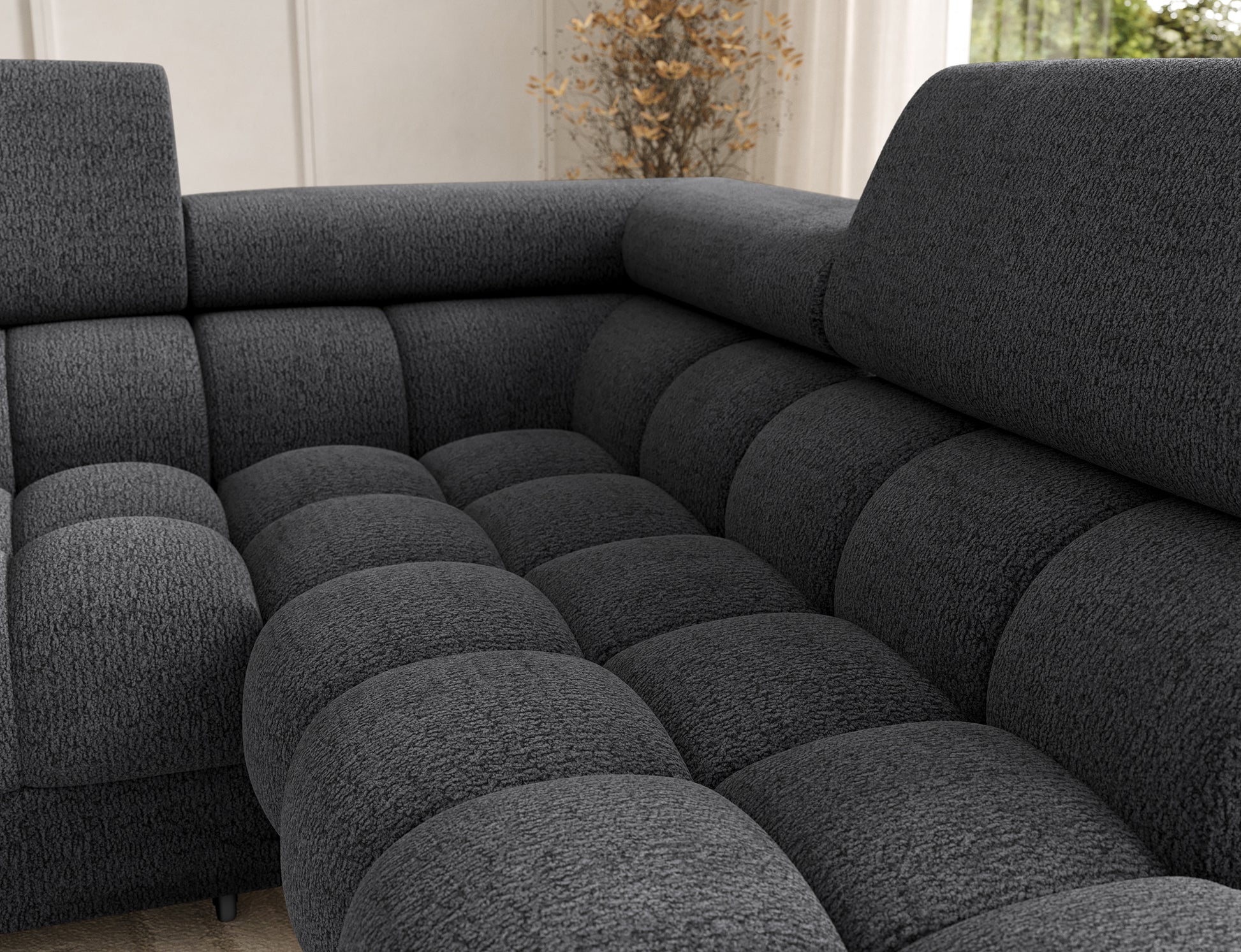 Siedzisko narożnika Feraria prawy w tkaninie Royal 05 ciemnoszary – głębokie pikowania, miękka struktura i styl glamour w salonie.