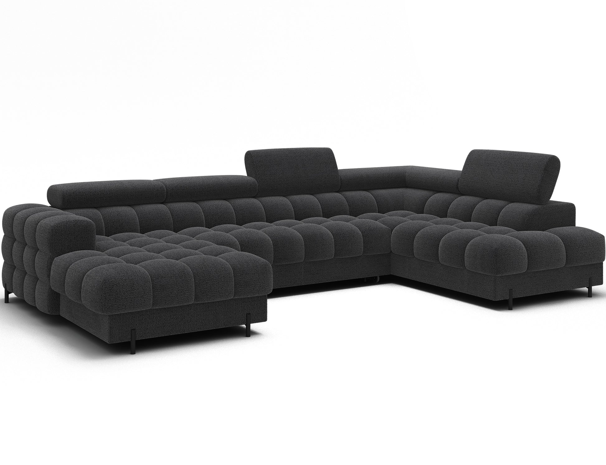 Narożnik Feraria prawy w tkaninie Royal 05 ciemnoszary – nowoczesny układ U-Form widoczny pod skosem w jasnej aranżacji salonu.