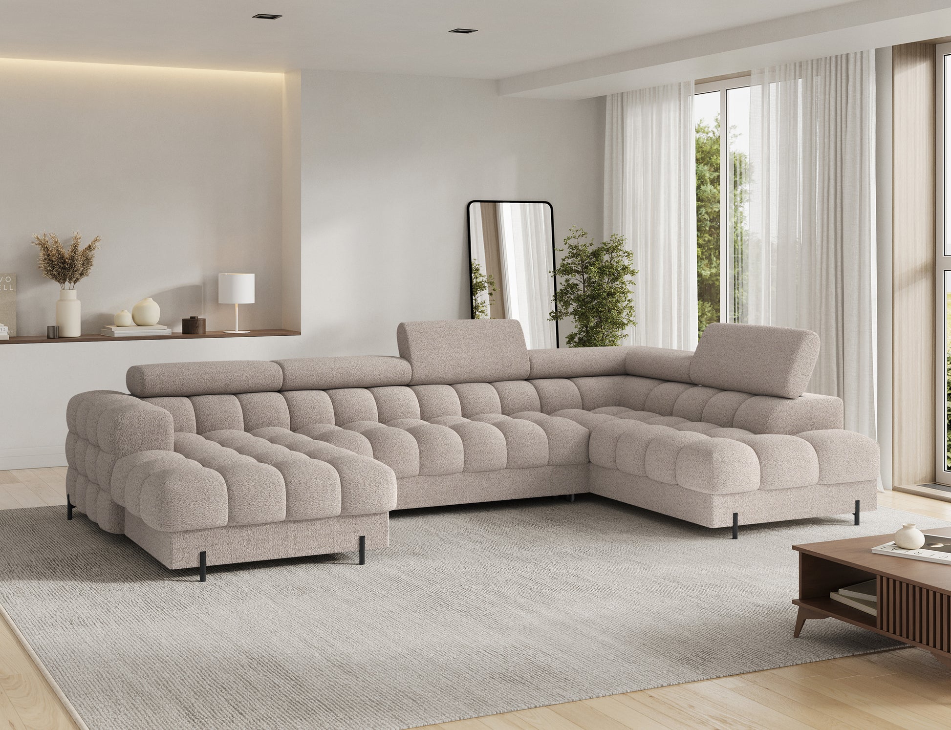 Jasnobeżowy narożnik Feraria U-Form w tkaninie Royal 18, nowoczesny design z regulowanymi zagłówkami – komfortowy narożnik do salonu.