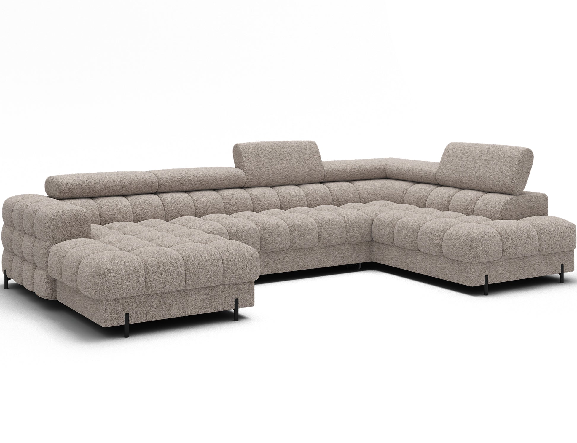 Narożnik Feraria U-Form w tkaninie Royal 18 jasnobeżowy, widok skośny – elegancki narożnik z funkcją spania i pojemnikiem.