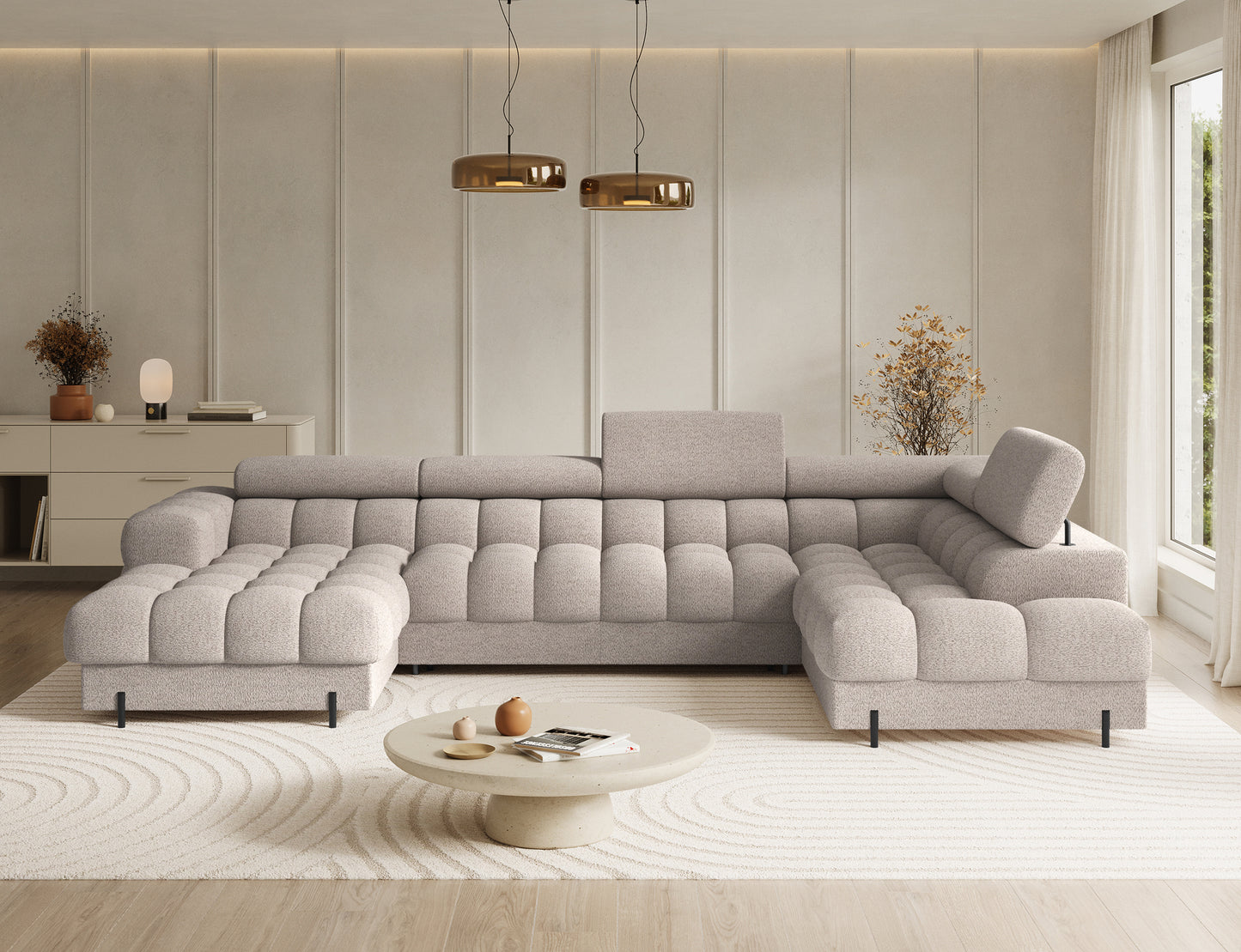 Jasnobeżowy narożnik Feraria U-Form w tkaninie Royal 18, widok od frontu – komfortowy narożnik z funkcją spania i schowkiem.