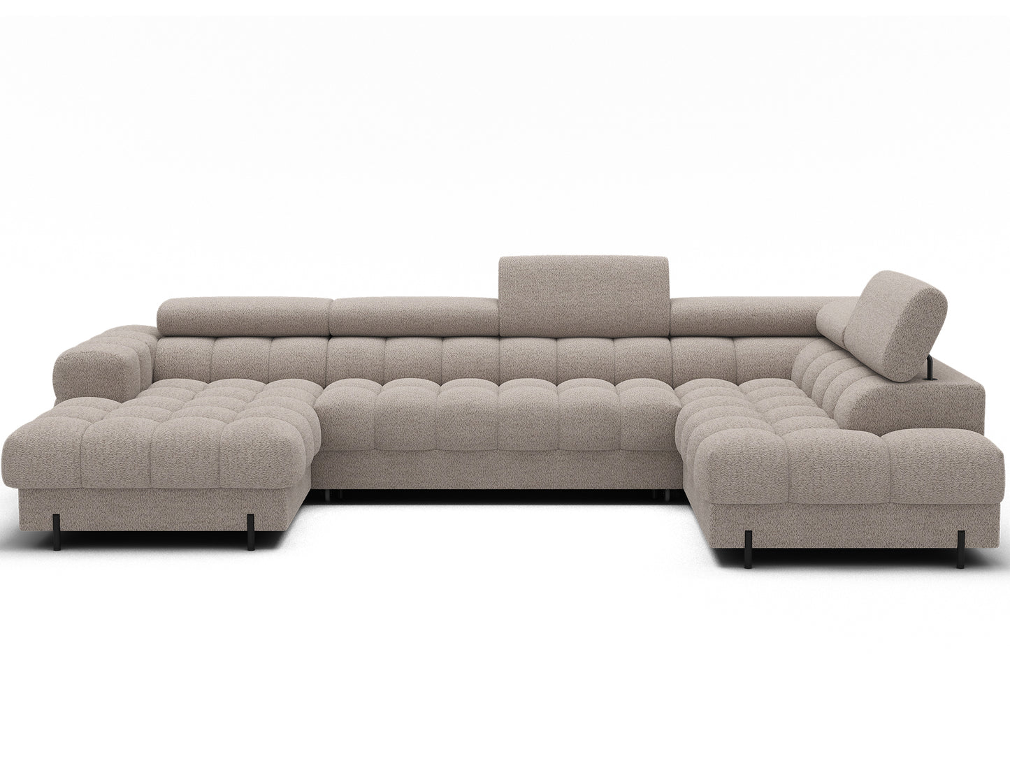 Narożnik Feraria prawostronny U-Form w tkaninie Royal 18 jasnobeżowy, widok przód – nowoczesny narożnik z funkcją spania i schowkiem.