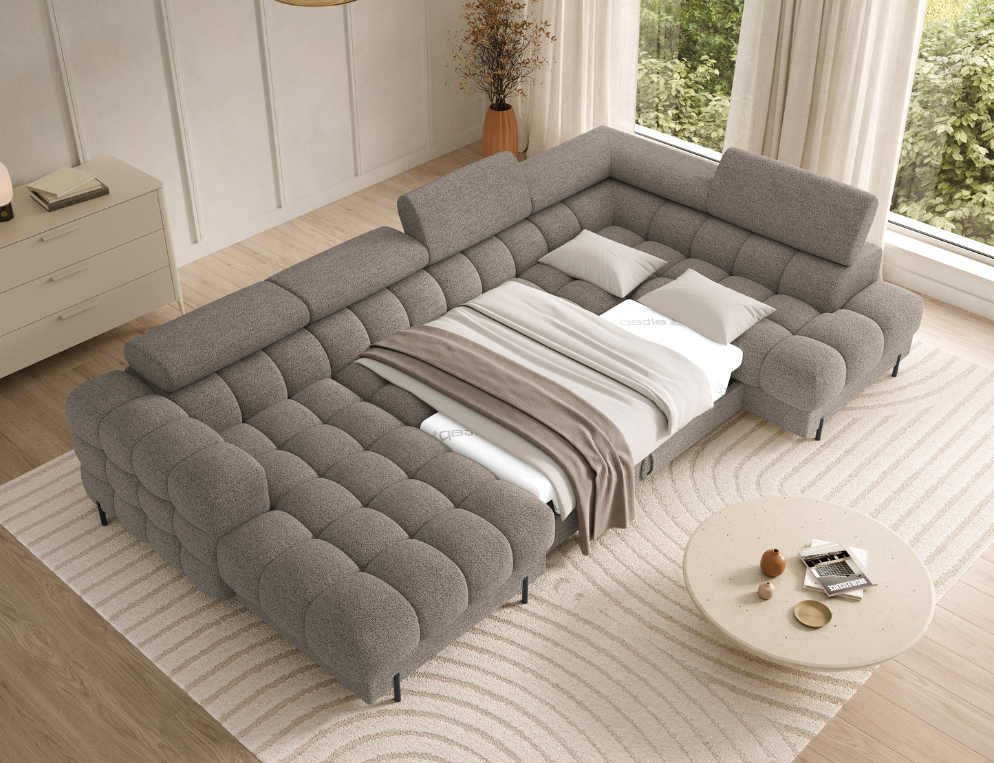 Narożnik Feraria U-Form prawy w tkaninie Royal 20 beżowy rozłożony do spania – funkcjonalny narożnik z wygodnym miejscem do odpoczynku.