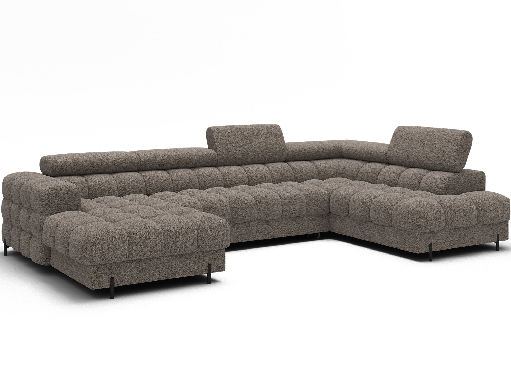 Narożnik Feraria U-Form prawy w tkaninie Royal 20 beżowy, widok skośny – elegancki narożnik do salonu z funkcją spania i pojemnikiem.