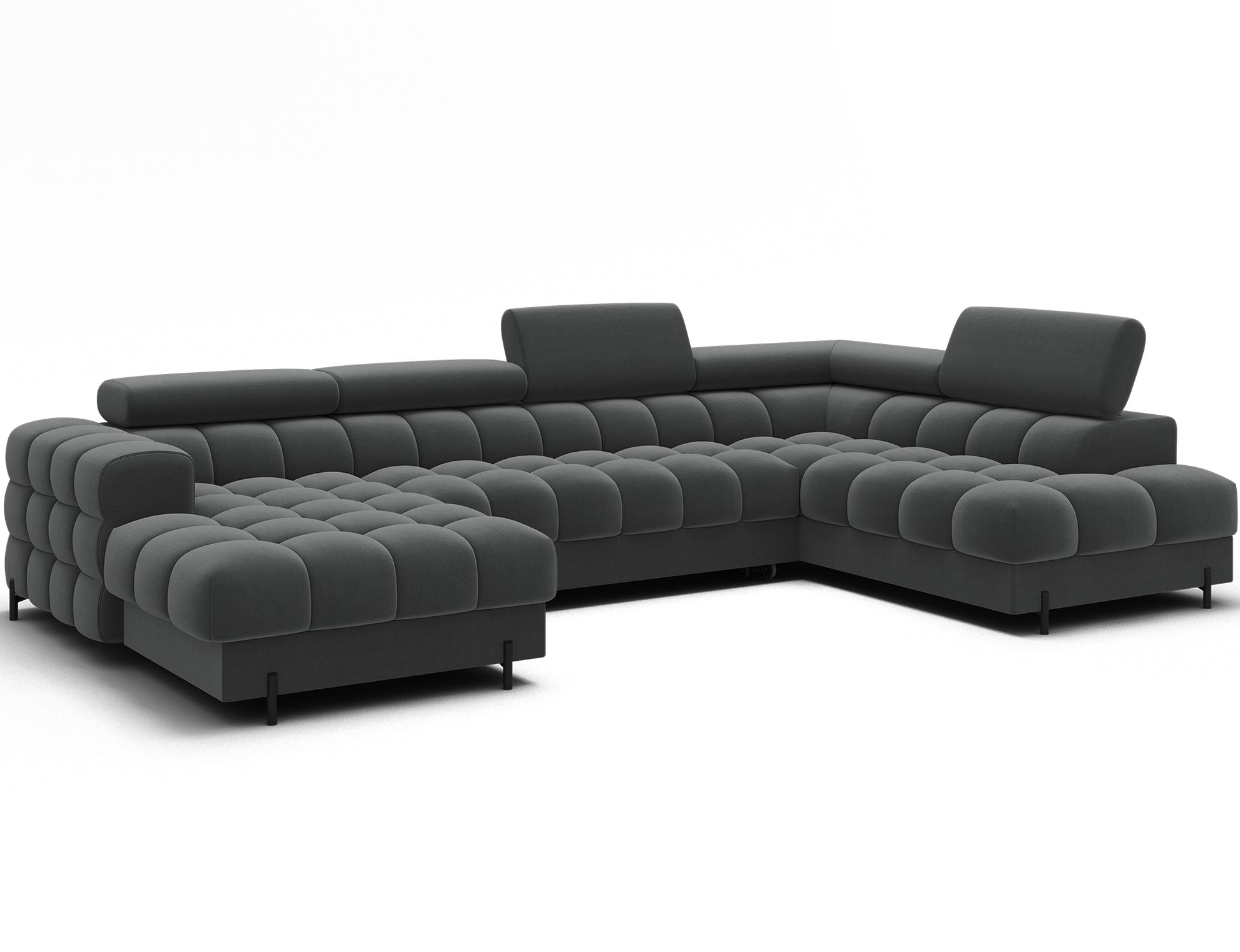 Nowoczesny narożnik Feraria prawy w tkaninie Sola 06 ciemny szary – elegancki design, funkcja spania i regulowane zagłówki.