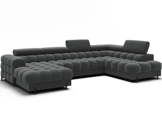 Nowoczesny narożnik Feraria prawy w tkaninie Sola 06 ciemny szary – elegancki design, funkcja spania i regulowane zagłówki.