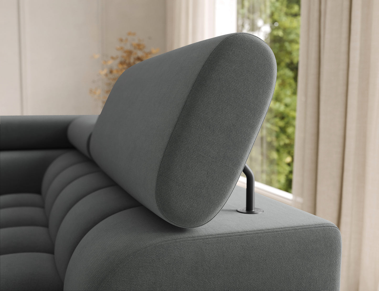 Wytrzymałe zagłówki narożnika Feraria prawy – tkanina Sola 06 szary, nowoczesna regulacja i komfort codziennego użytkowania.