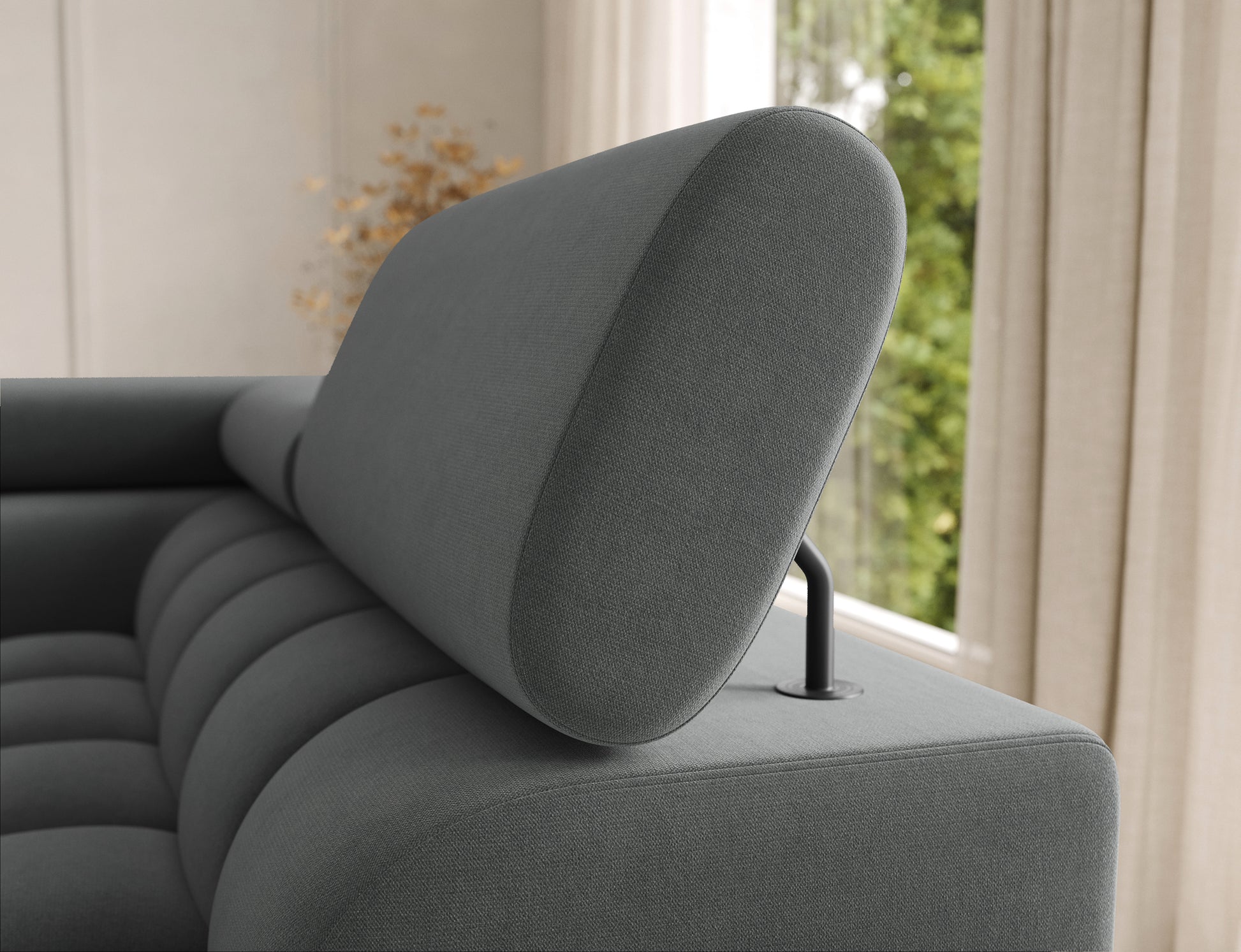 Wytrzymałe zagłówki narożnika Feraria prawy – tkanina Sola 06 szary, nowoczesna regulacja i komfort codziennego użytkowania.