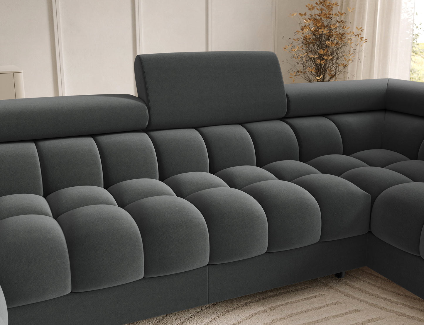 Pikowane siedzisko narożnika Feraria prawy w tkaninie Sola 06 szary – wyjątkowa miękkość i designerski charakter.