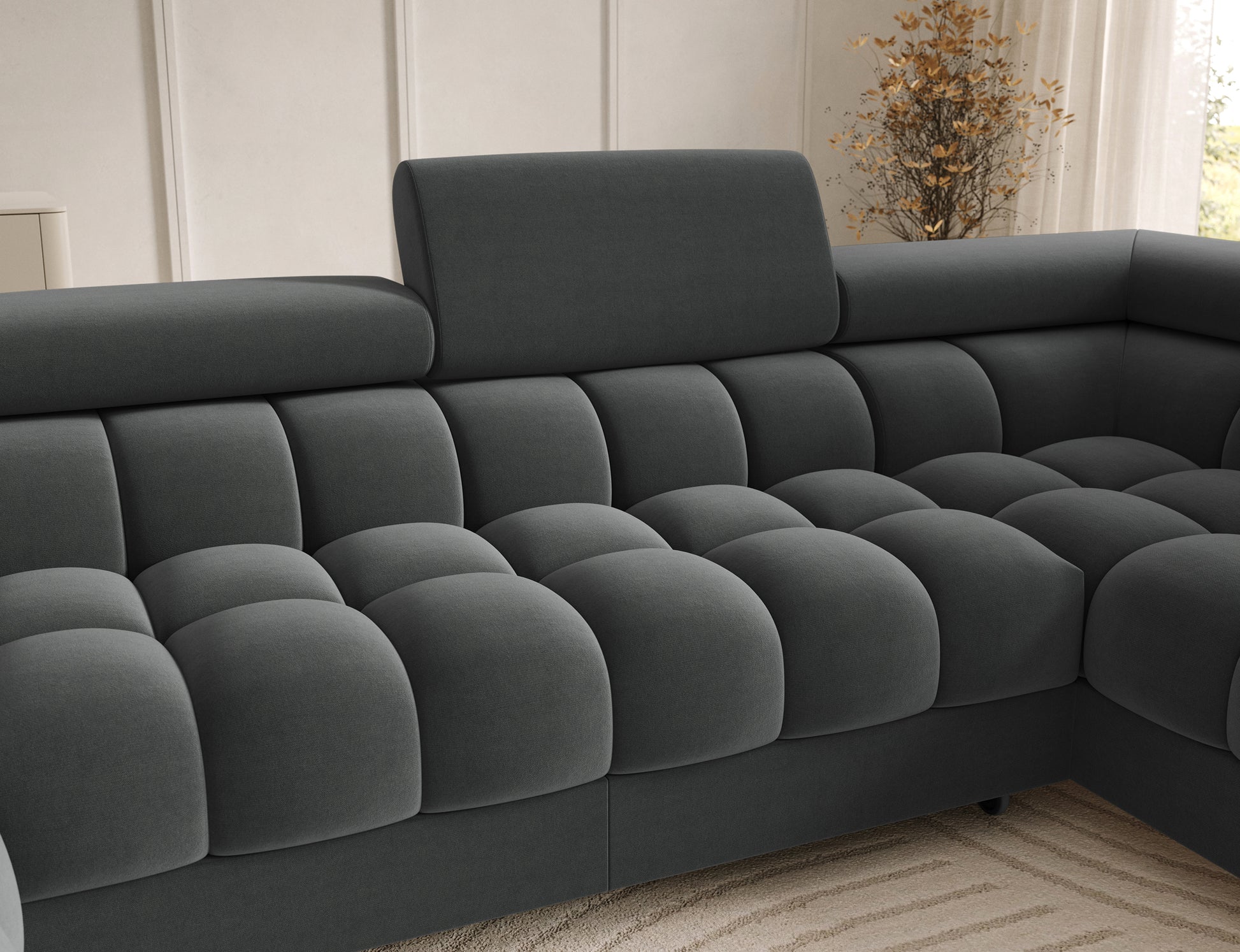 Pikowane siedzisko narożnika Feraria prawy w tkaninie Sola 06 szary – wyjątkowa miękkość i designerski charakter.